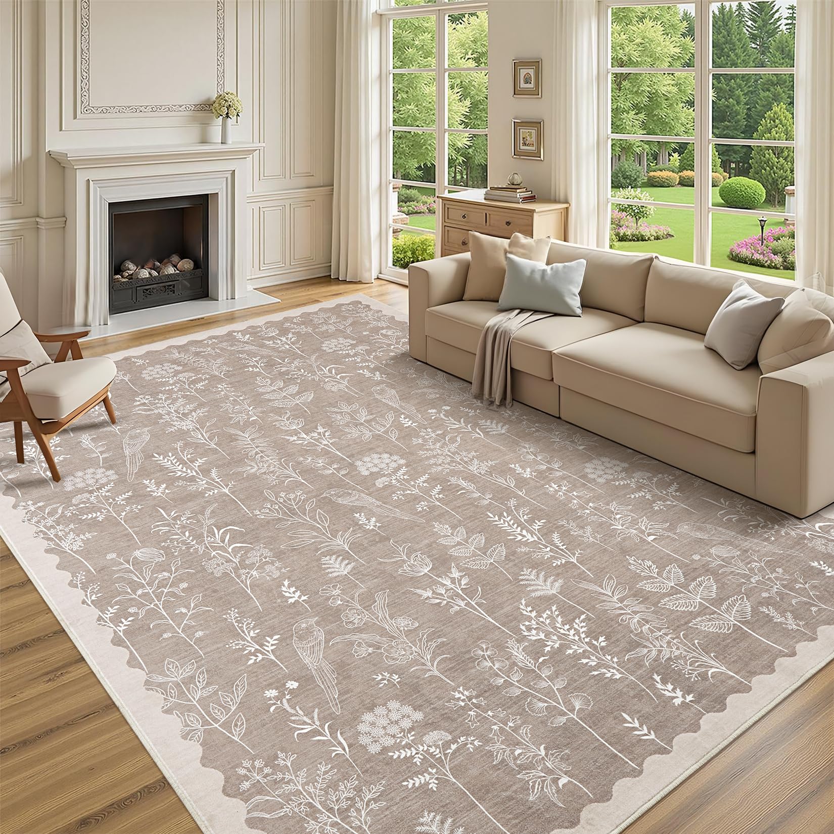 garveehome washable 9x12 area rugs for living room scalloped floral bedroom rug, non-slip stain resistant dining table carpet, botanical large rug neutral carpet for farmhouse dorm home office, taupe