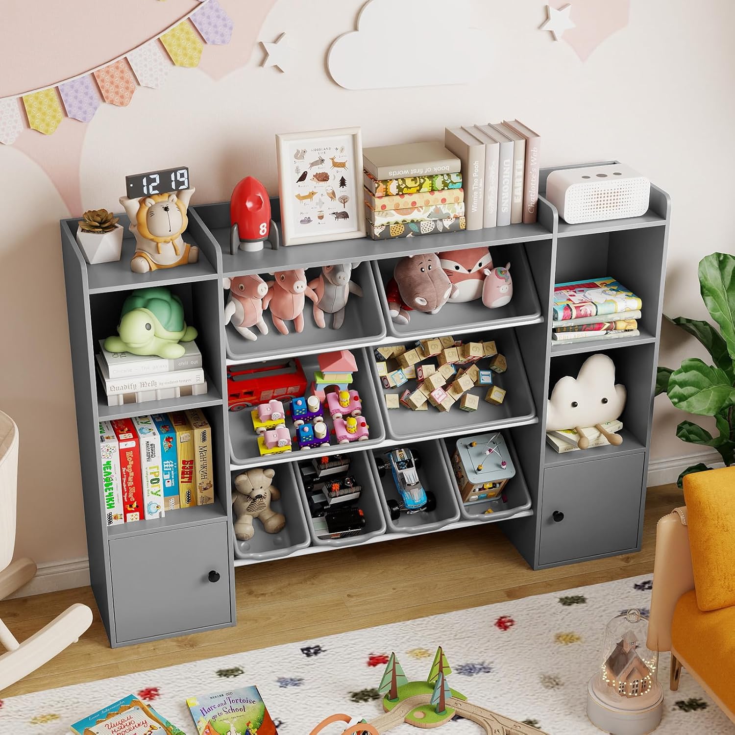 KOTEK Toy Storage Organizer filled with various toys and books in a child's room.
