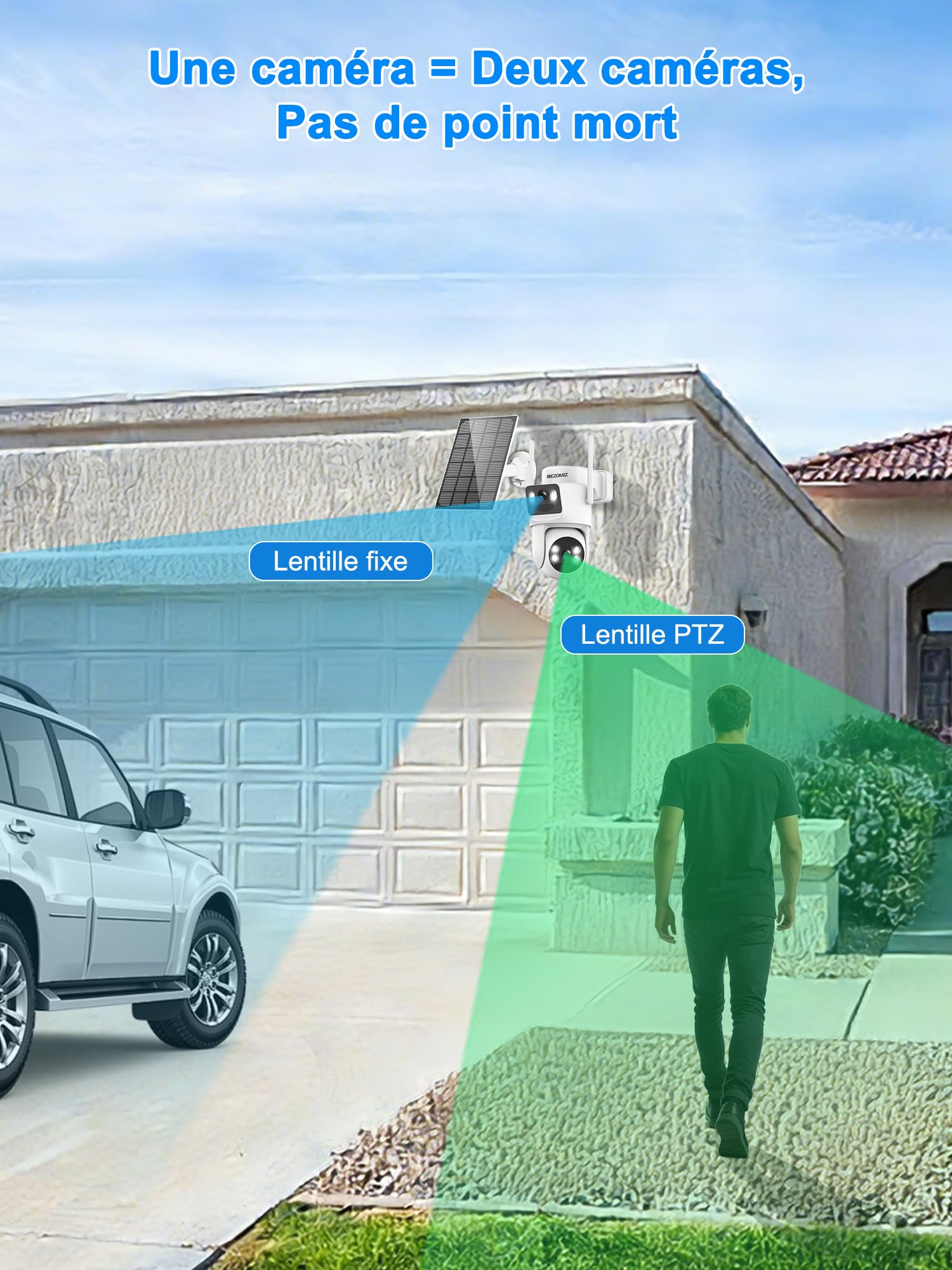 4K Camera Surveillance WiFi Exterieure sans Fil Solaire,Camera Exterieur Double Objectif avec Panneau Solaire,360° PTZ,8MP Vision Nocturne Couleur,Audio Bidirectionnel,PIR Sirène,IP66
