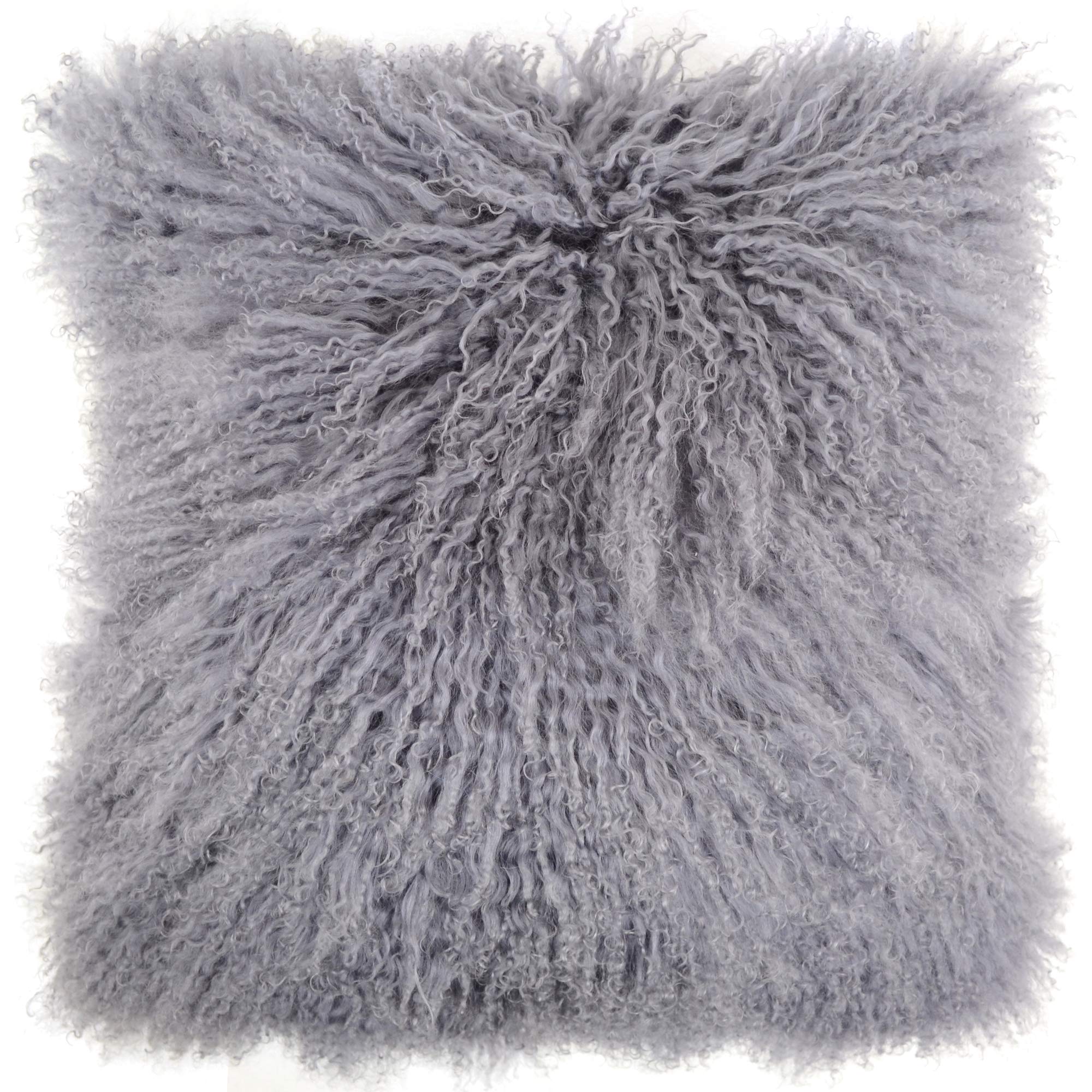SNUGRUGS Mongolian Long Curly Wool Sheepskin Cushion/Pillow & Cushion Inner - 40cm x 40cm - Grey