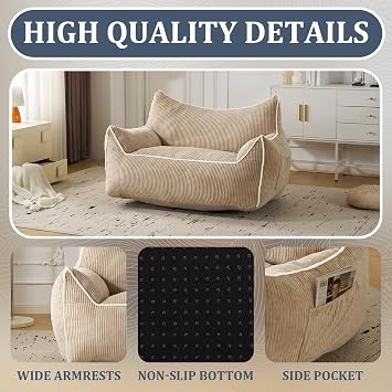 MOJAY Giant Bean Bag Chair, Oversized Plush Fluffy Lounge Chair with Filling, Comfy Stuffed Sofa with Backrest for Adults and Teens, Cozy for Gaming, Reading and Relaxing in Bedroom or Living Room