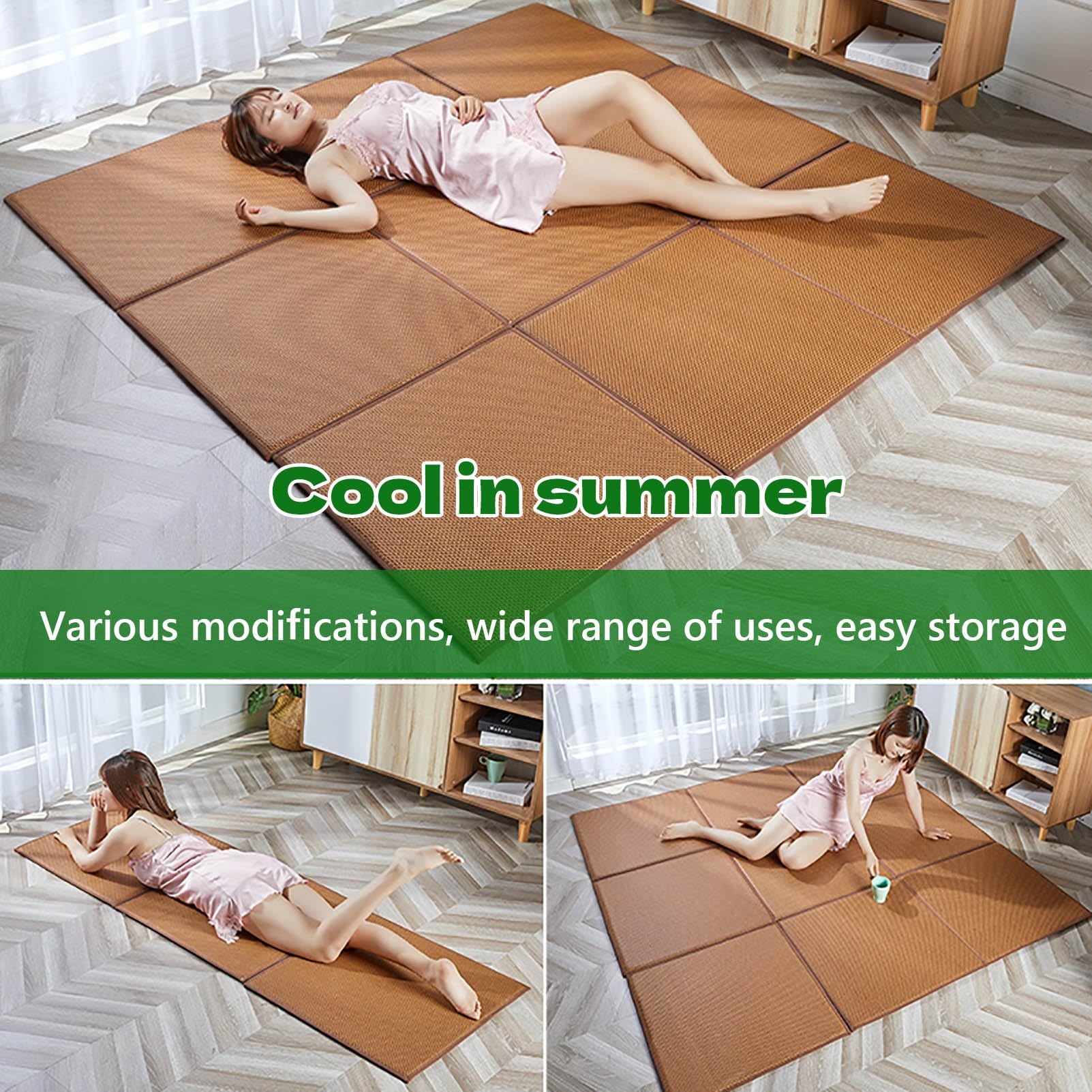 Tatami Tapis de sol antidérapant et pliable en rotin pour salon et chambre à coucher, tapis de jeu d'été avec sac de rangement, idéal pour ramper (8 pièces, 50 cm x 50 cm)