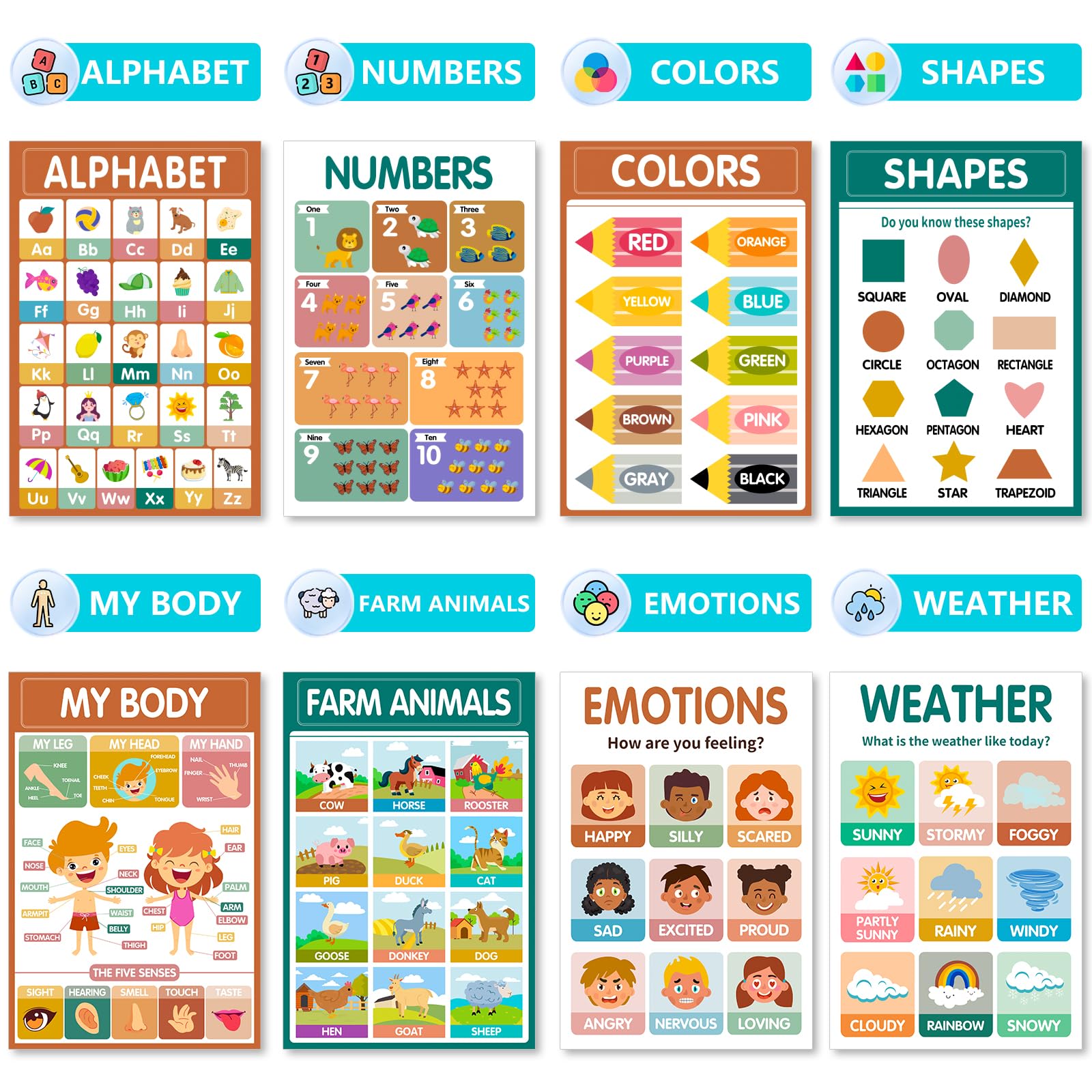 KIDS KING 18 affiches éducatives laminées pour les tout-petits de 1 à 3 ans, affiches d'apprentissage pour maternelle et maternelle, alphabet, chiffres, couleurs, formes, temps, carte, temps, corps