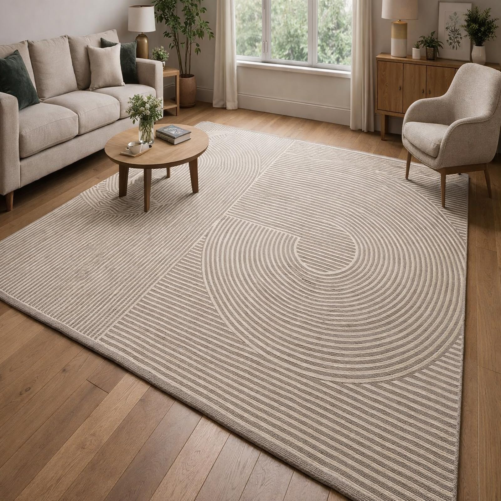 Tapis carré 180x180 cm beige et blanc géométrique abstrait pour grand salon