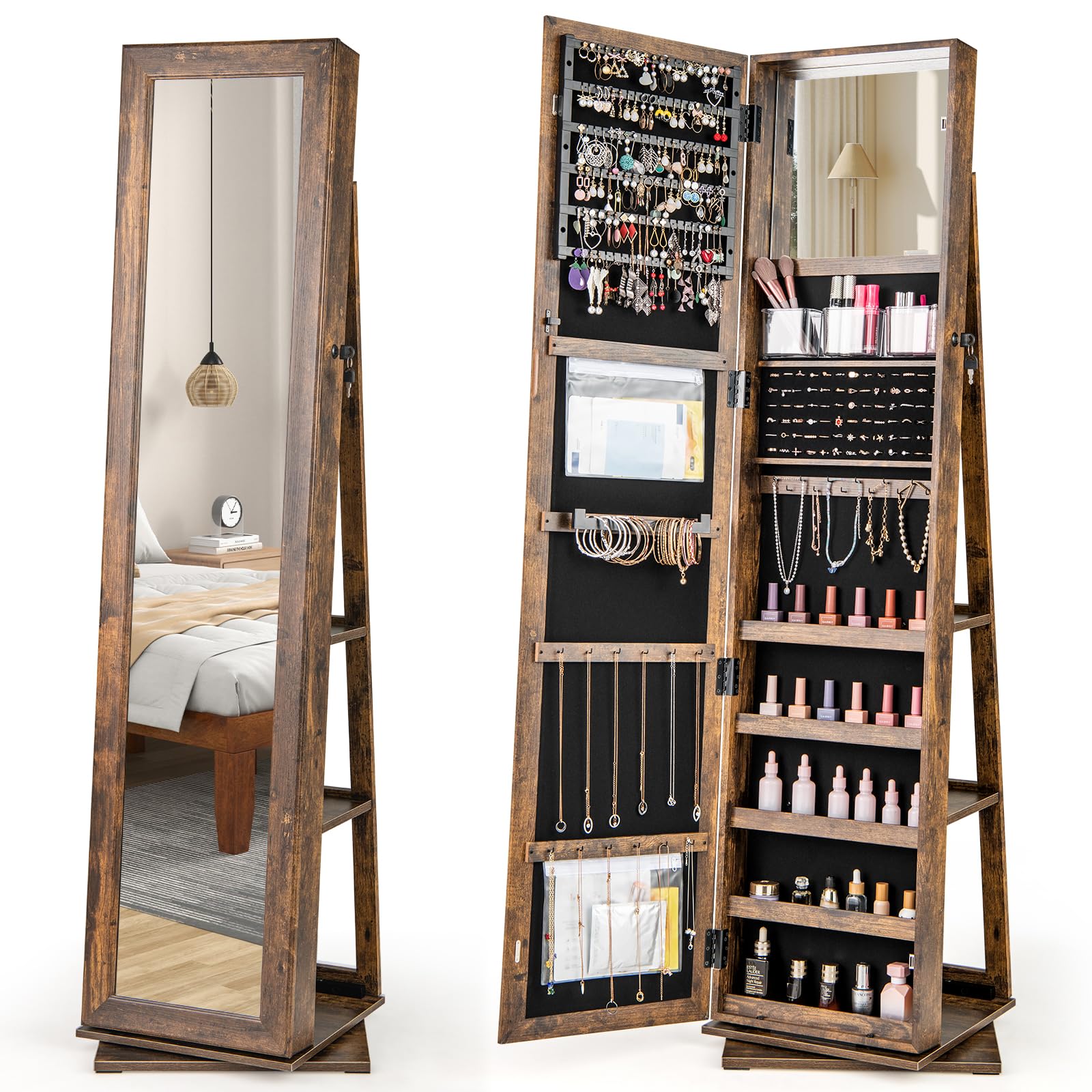COSTWAY Armario para Joyas Giratorio 360°, Espejo Joyero de Pie con Estantes Traseros, Espejo de Maquillaje Integrado, 3 Cajas y 2 Bolsillos con Cremallera para Dormitorio (Marrón)