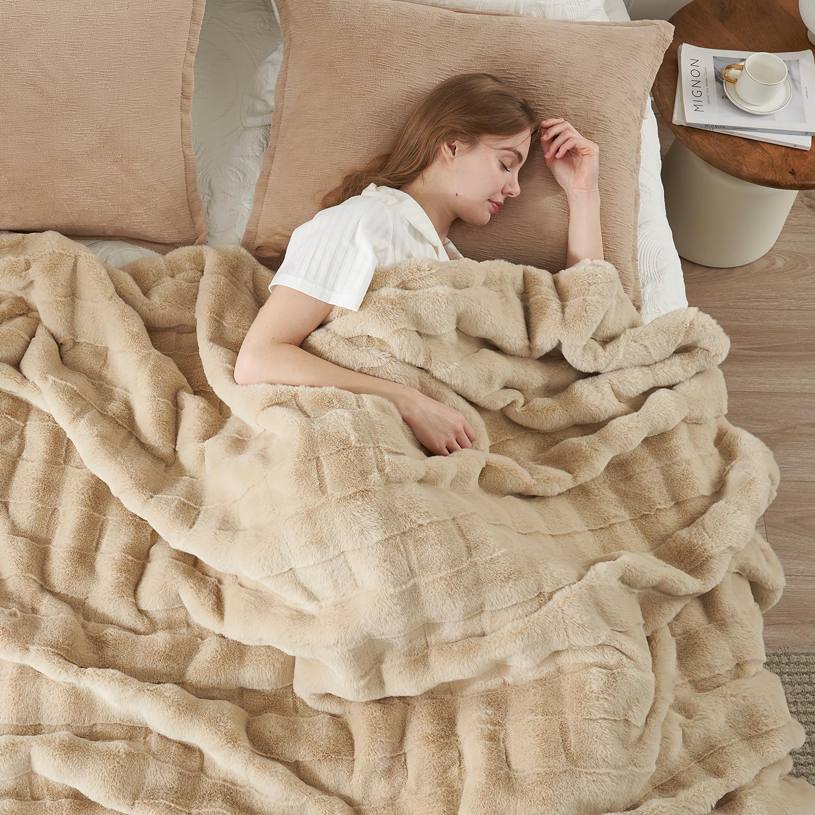 Cozy Bliss Fluffy Faux Fur Throw Blanket for Couch,Warm Cozy Soft Beige Throw Blankets for Sofa Bed Living Room,60x80 Inches