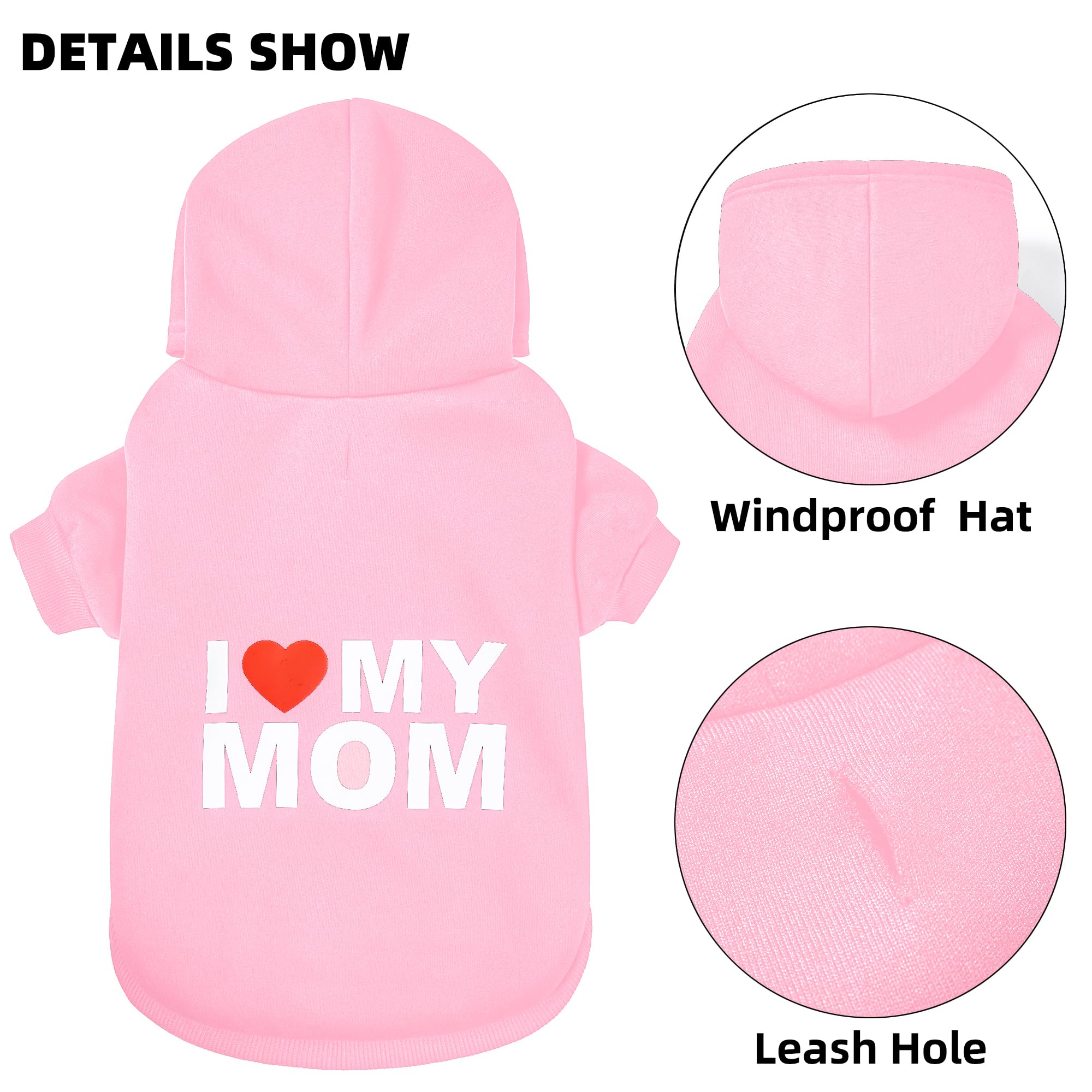 Hundepullover, Hunde-Kapuzenpullover für kaltes Wetter, Kapuzen-Sweatshirt für Welpen, Katzen, kleine, mittelgroße und große Hunde, Rosa (I Love My Mom), Größe XS