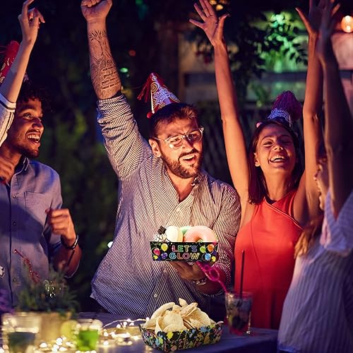 Miniatura 4 de Paquete de 60 suministros de fiesta de neón, decoraciones de cumpleaños de neón, bandeja de papel desechable para alimentos, bandejas de papel para