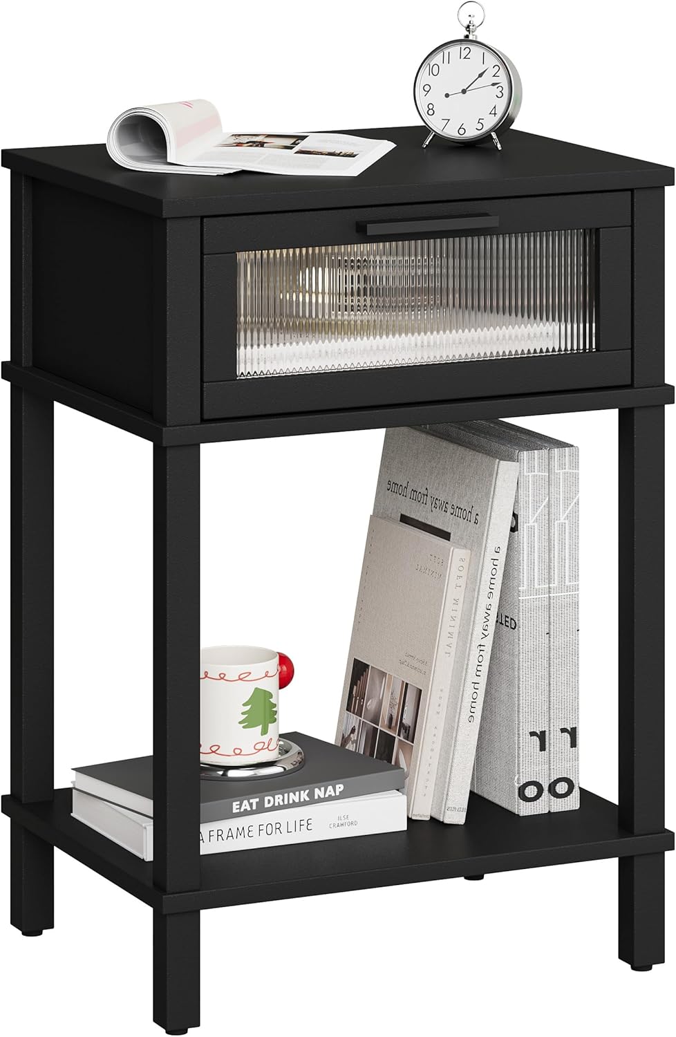 Nightstand Wooden Bedside Table with Drawer Black Night Stands Modern Style Small End Table Side Table with Storage Shelf for Bedroom Living Room MLBZ10B