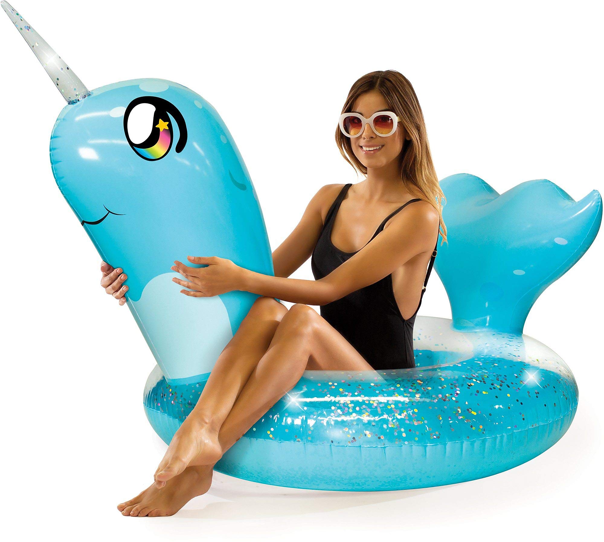 Poolcandy Colección de Animales inflables con Purpurina Flotador de Piscina Jumbo – Salón de Piscina de Verano para Adultos y niños, Azul, XL