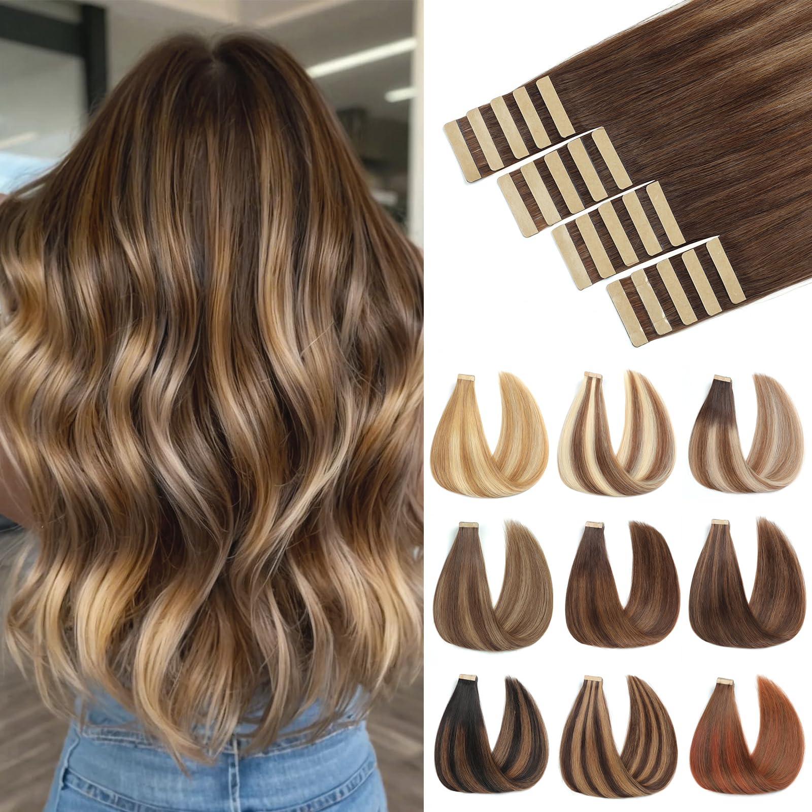 ShowJarlly Extension Capelli Veri Biadesivo 20pcs Extension Capelli Veri 50cm Castano Cioccolato con Biondo Caramello Estensione Biadesive Capelli Veri Remy Estensione Biadesive 50g(20inch,4/4/27#)