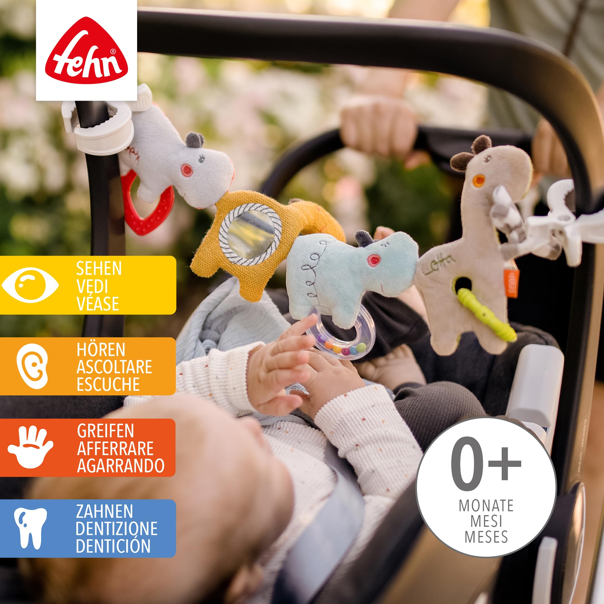 Fehn Loopy y Lotta 059137 - Cadena para cochecito, cadena móvil con simpáticas figuras colgantes para colgar de forma flexible, para bebés y niños pequeños a partir de 0 meses, longitud: 45 cm