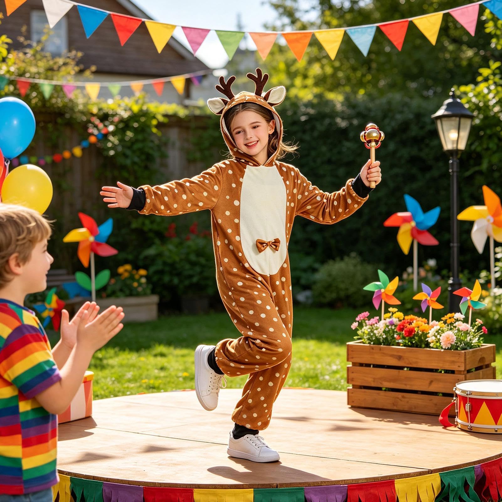 Costume da renna per bambini, con cappuccio, per Natale, cosplay, tuta