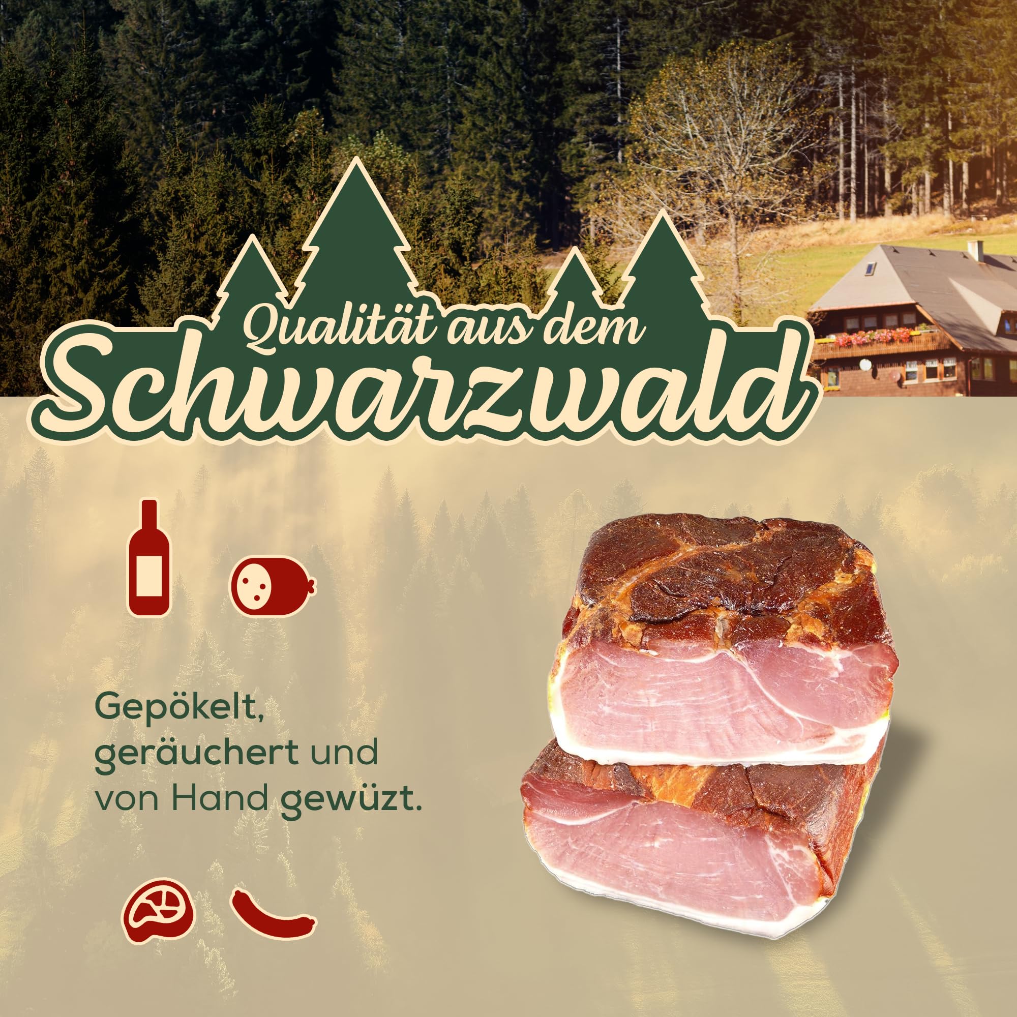 Schwarzwald Metzgerei – Schwarzwälder Schinken 2x 500gr am Stück mit herzhaft rauchigem Aroma – Räucherschinken nach Schwarzwälder Tradition über Tannenreisig und Tannenholz kaltgeräuchert