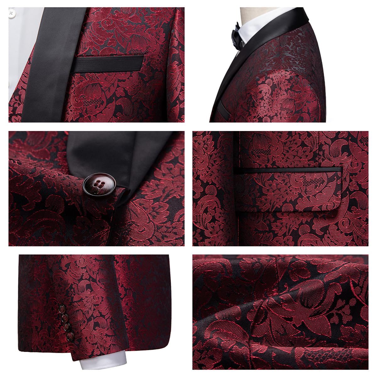 KUDORO Herren Anzüge Slim Fit 3-Teilig Paisley EIN Knöpfe Sakko Weste Hose