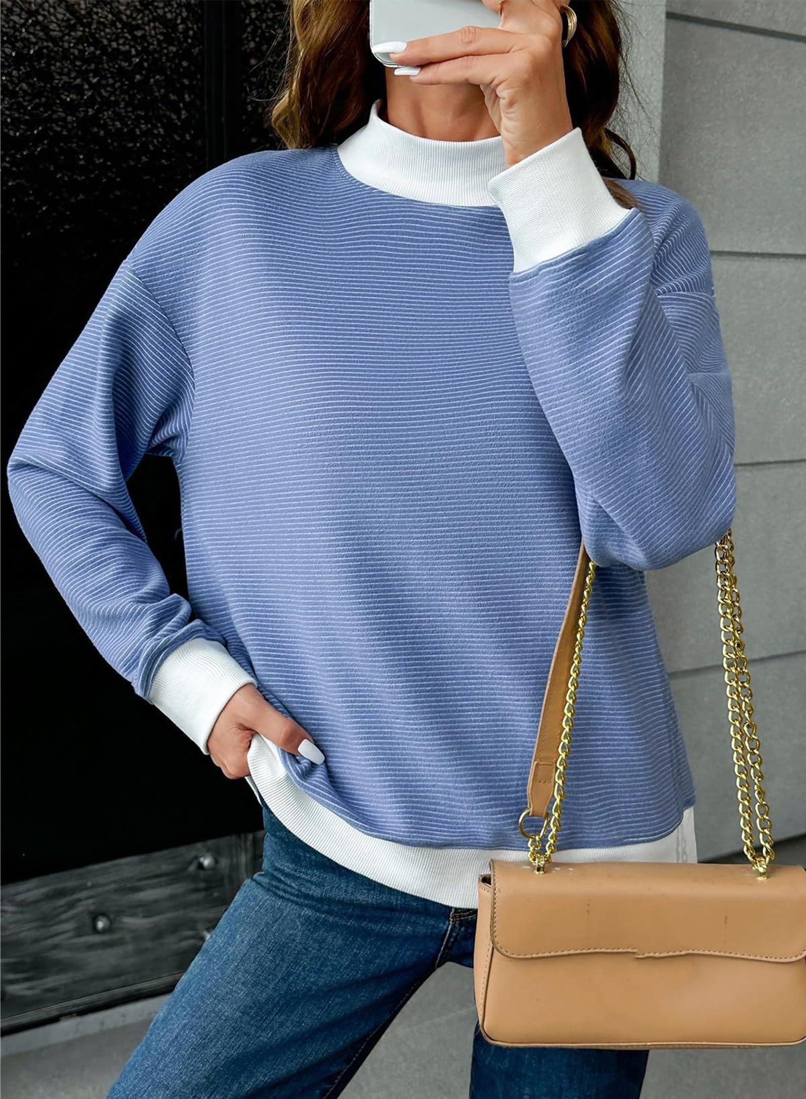 cffdviz Damen Rundhals-Sweatshirts Langarm Gestreifter Gefütterter Pullover Herbstmode Kleidung