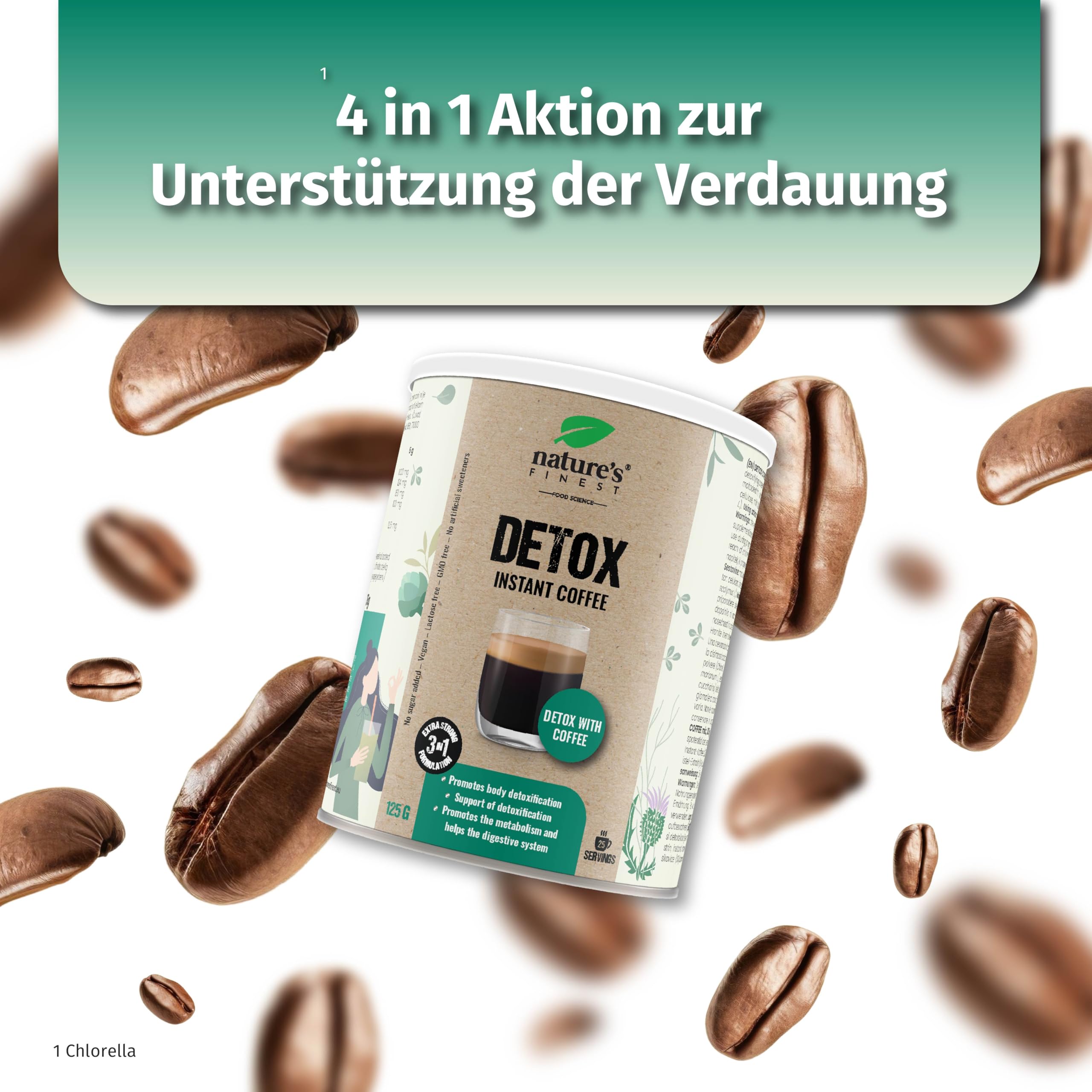 Nature's Finest Detox Coffee, Instant-Kaffee 625 g (5er Pack) | Instant-Kaffee (20 % Arabica) mit Chlorella, Mariendistel- & Artischockenextrakt - vegan, schnell aufgegossen