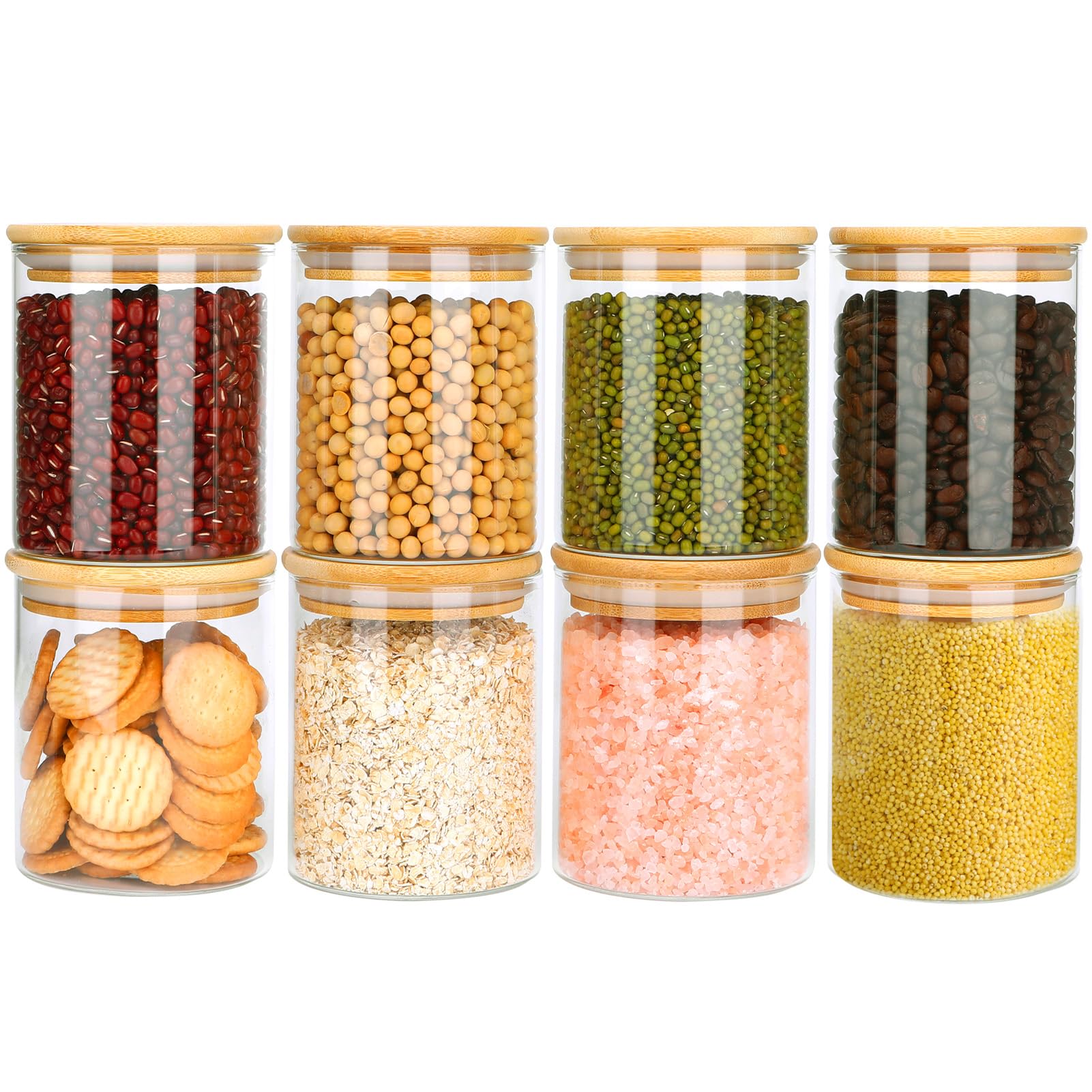 8 Bocal en Verre avec Couvercle, 430ml Bocaux en Verre Hermétique, Pot en Verre avec Couvercle en Bambou, Bocaux Rangement Cuisine pour Épices, Herbes, Thé