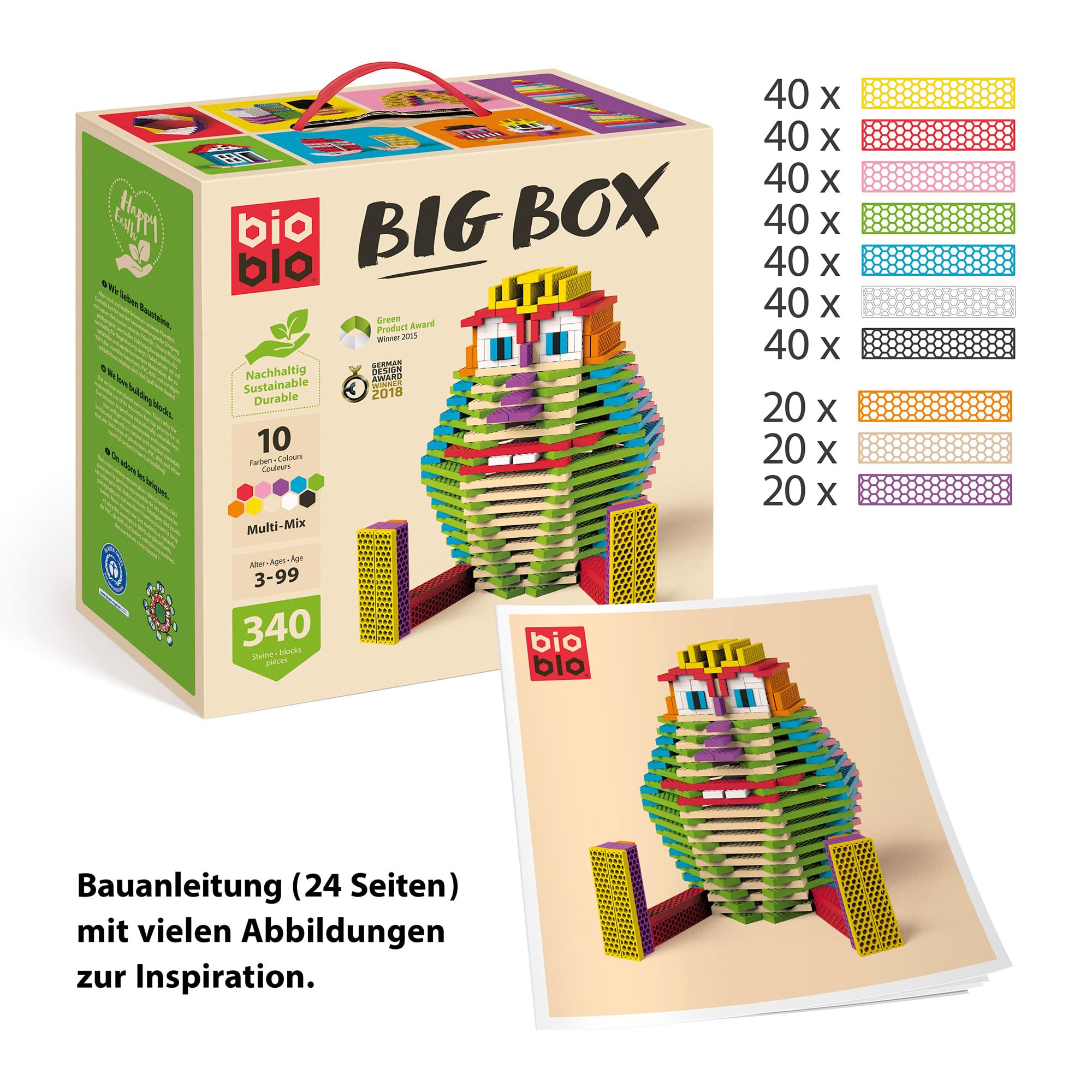 bioblo Big Box Multi Mix mit 340 Stück, Nachhaltige Bunte Bauklötze für Kinder ab 3 Jahren, Holzbausteine Kinderspielzeug, STEM Montessori-Spielzeug für Stapel- & Balancierspiele