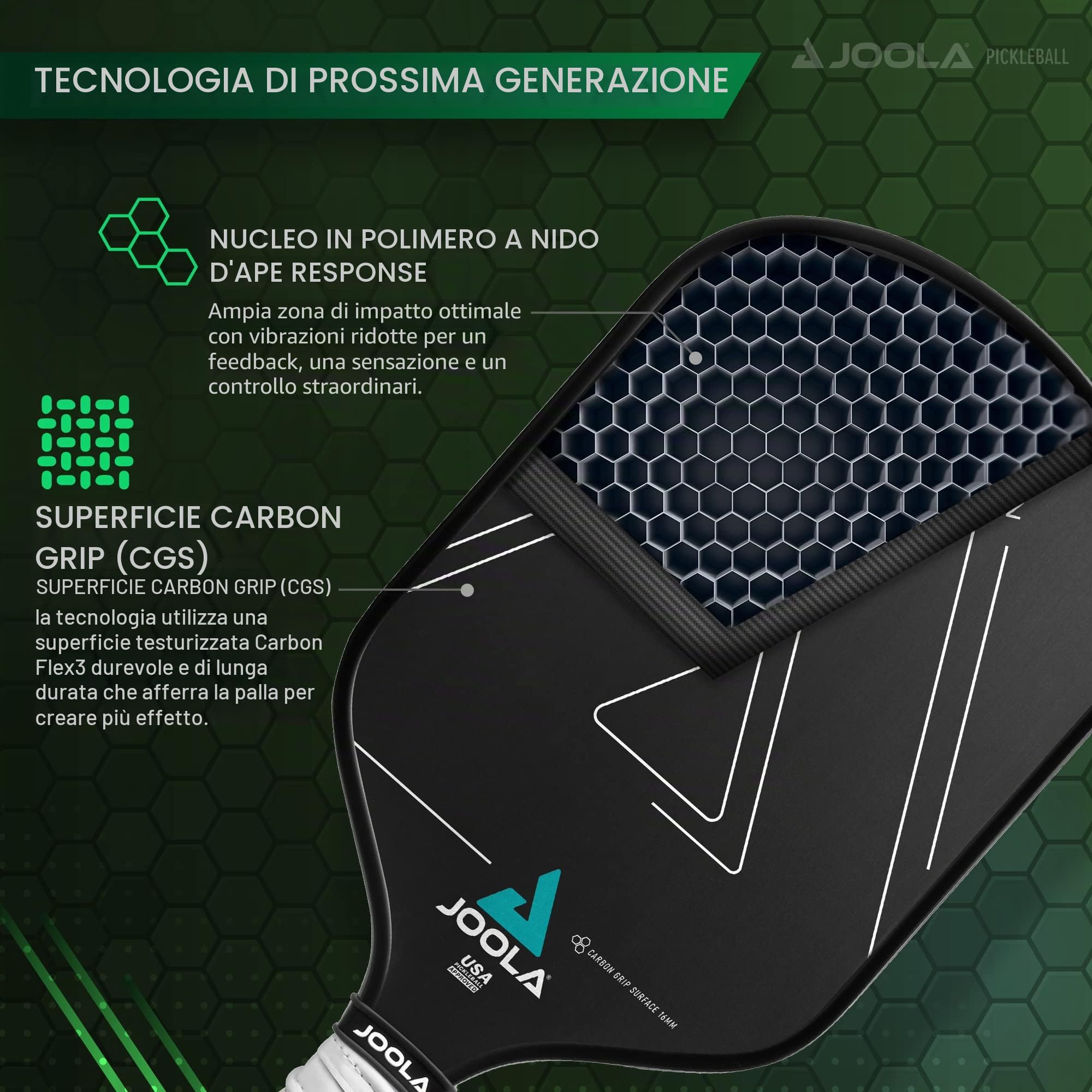 JOOLA Vision - Racchetta da pickleball con superficie testurizzata in carbonio per la massima rotazione e controllo con maggiore potenza, in polipropilene a nido d'ape, disponibile in 14 mm e 16 mm