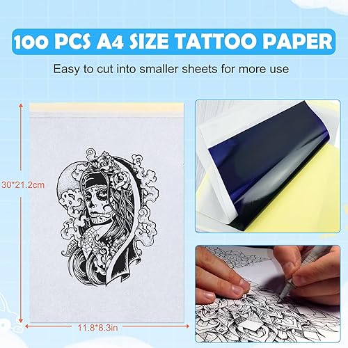 Miniatura 3 de Papel de transferencia de tatuajes, 100 hojas de papel de plantilla de tatuaje, papel de plantilla para tatuaje, tamaños A4, kit de plantillas de