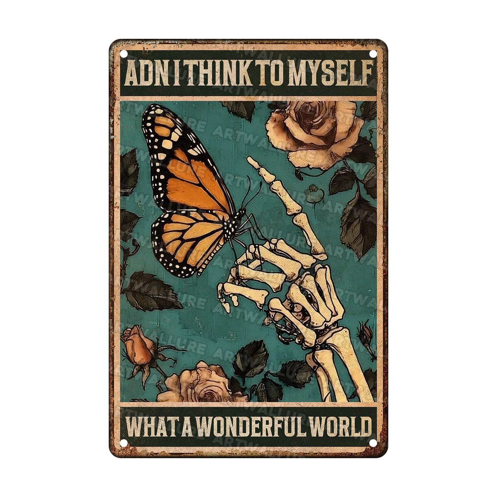 Butterfly Vintage Sign What a Wonderful World Metal Tin Sign Gothic Skull Butterfly Sign for Home Coffee Garden Wall Decor 8x12Inch