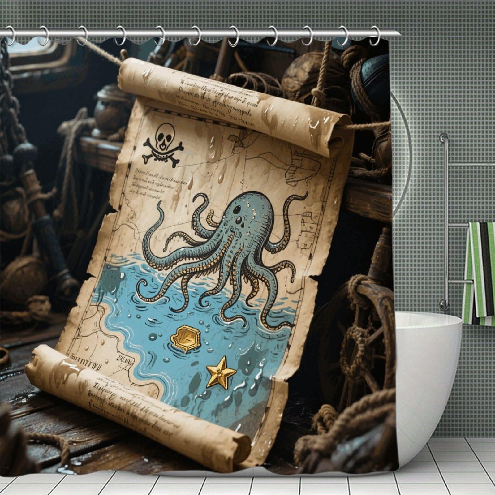 VstaDank Pirate Map Shower Curtain Waterproof Bathroom Shower Curtain with C Type Hooks Soft Lightweight Shower Curtains Liner Washable Polyester Cloth Shower Liner 71x71 Inch
