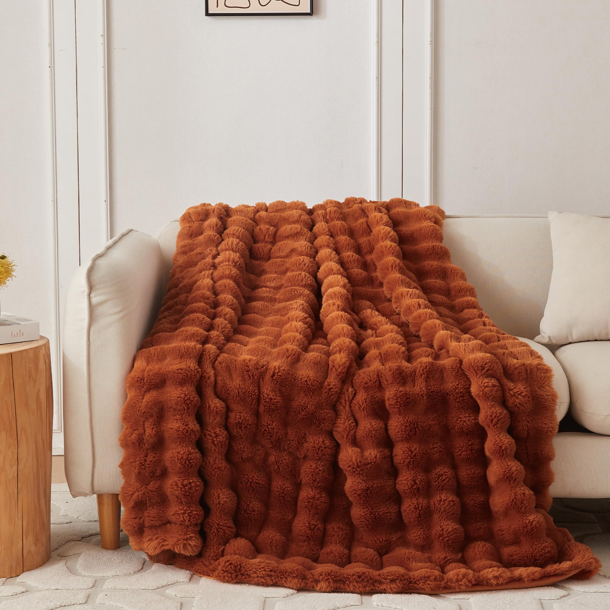 COOVA Faux Fur Throw Blanket for Couch, Cozy Soft and Fuzzy Plush Rabbit Fur Bubble Blanket for Sofa Bedroom Living Room, 60x80 Inches Brown