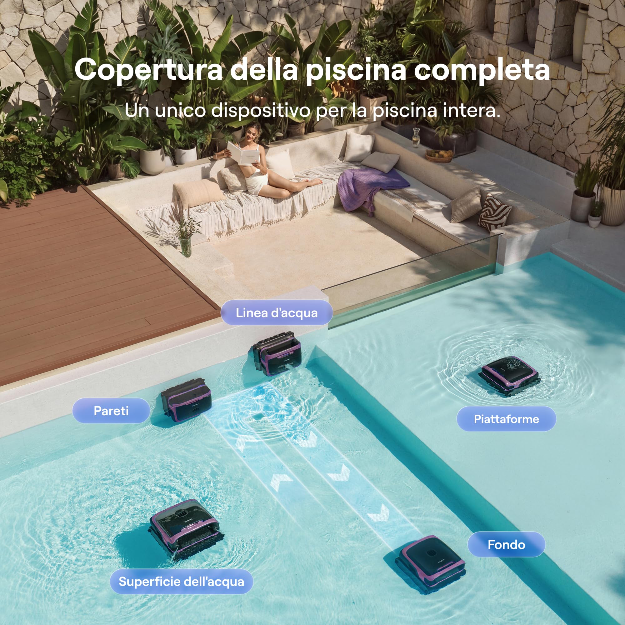 Beatbot Sora 70 Robot Piscina 4 e 1: pareti e Fondo,Superficie,Glicine | Pareti e fondo, superficie e linea di galleggiamento, senza fili, parcheggio in superficie,App,Piscine Fuori Terra/interrate