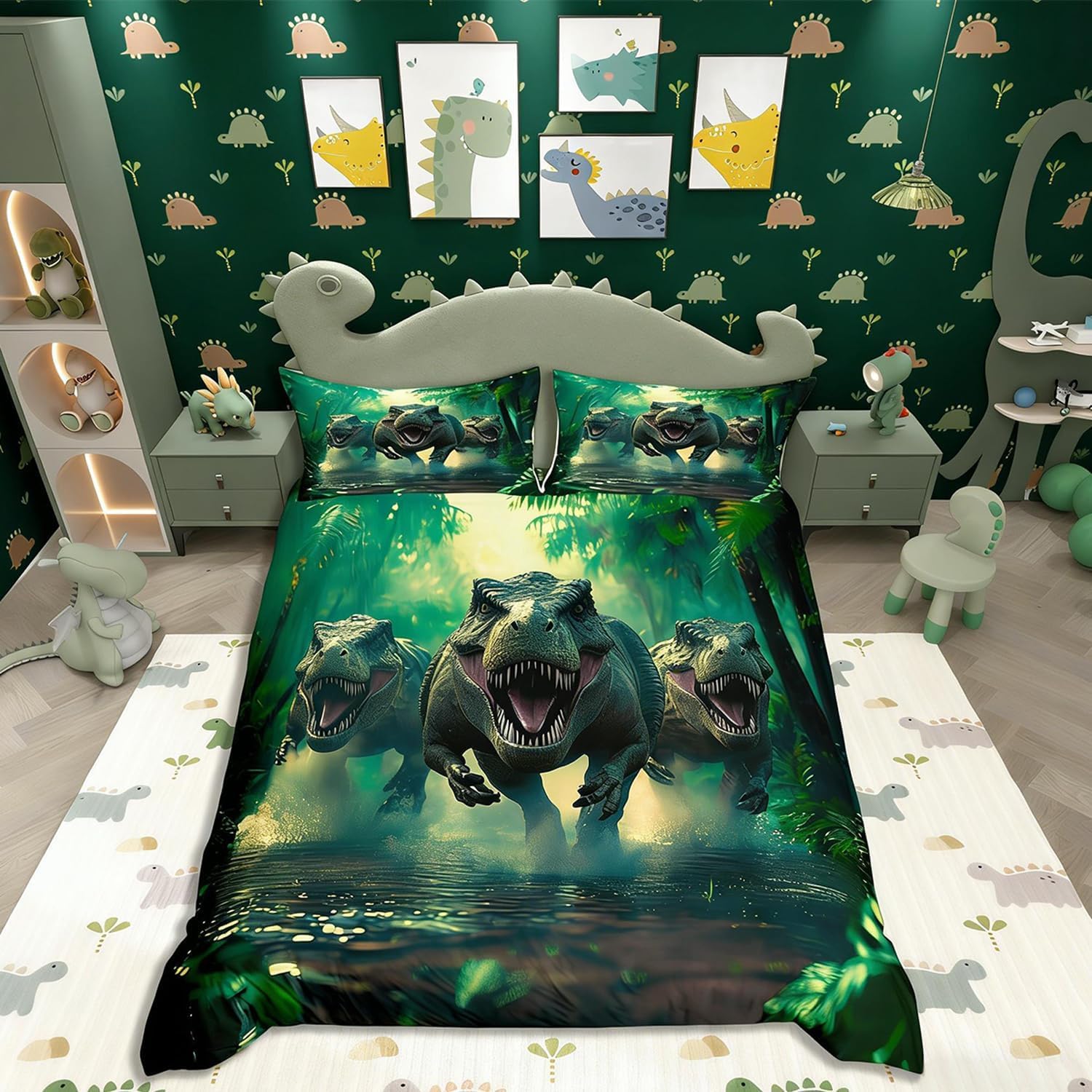 Loussiesd Dinosaur Comforter Cover 3D Dino Print Kids Boys Girls Decor Jungle Dino Bedding Set Junior/Cot Bed Breathable Soft Light Microfiber, Animal Duvet Cover Bedroom Decor