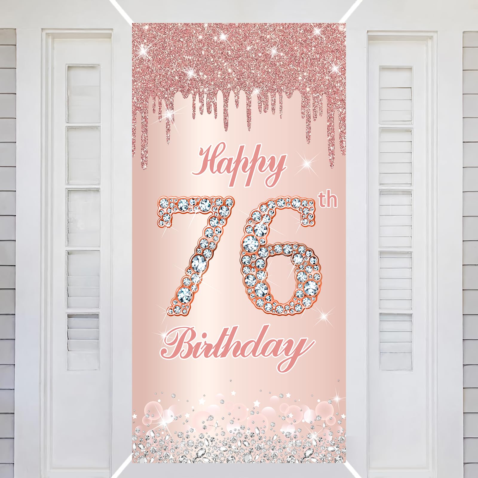 76th Happy Birthday Decorations Door Banner Pink Rose Birthday Banner for Party Backdrop for Women Door Cover Party Decoration Supplies Poster