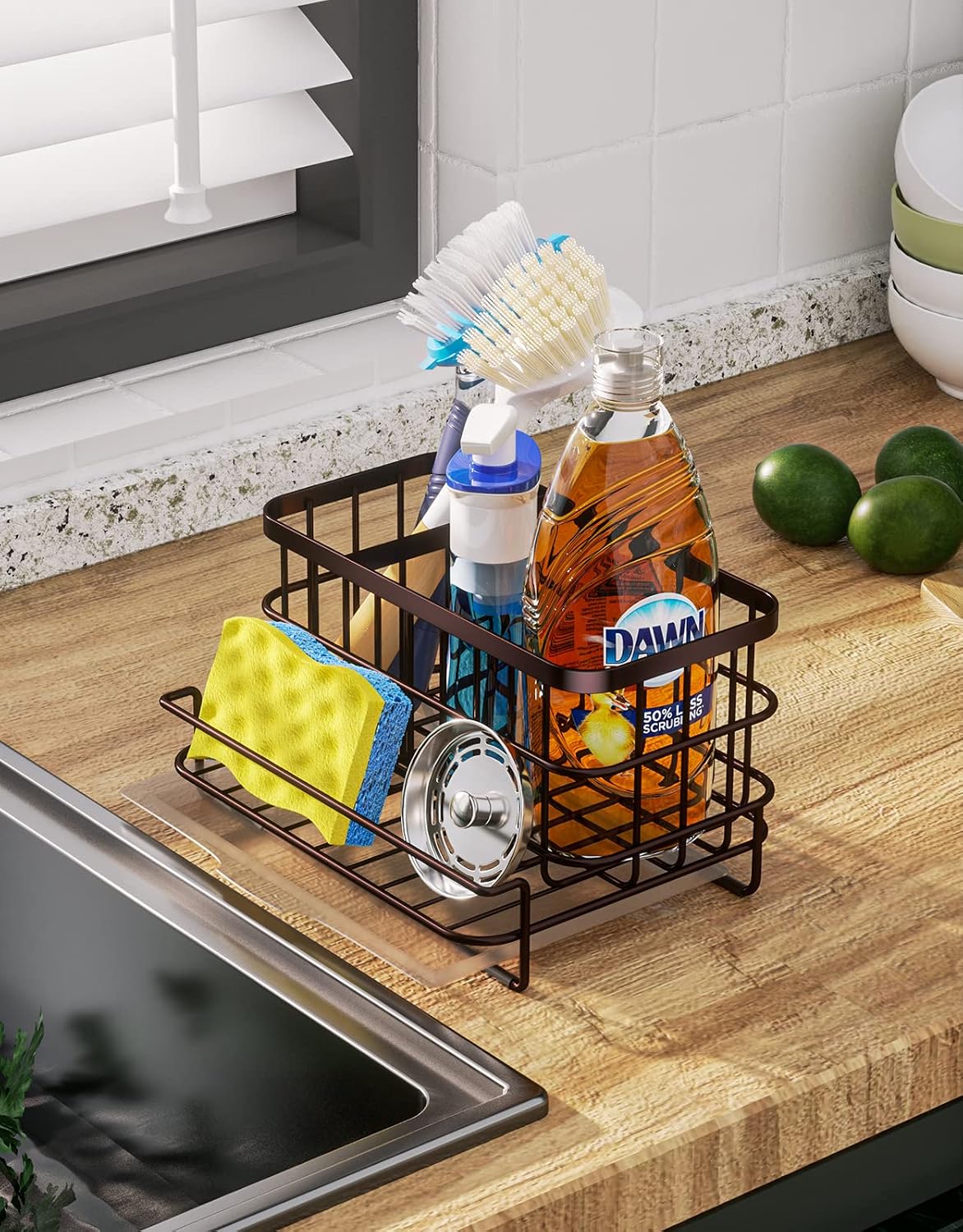 HapiRm Multifunctional Kitchen Sink Caddy with Removable Drain Tray, Quick Draining Rustproof Sink Caddy, Stainless Steel Sink Sponge Holder for Holds Sponge, Cleaning Towel and Scrubber-Bronze
