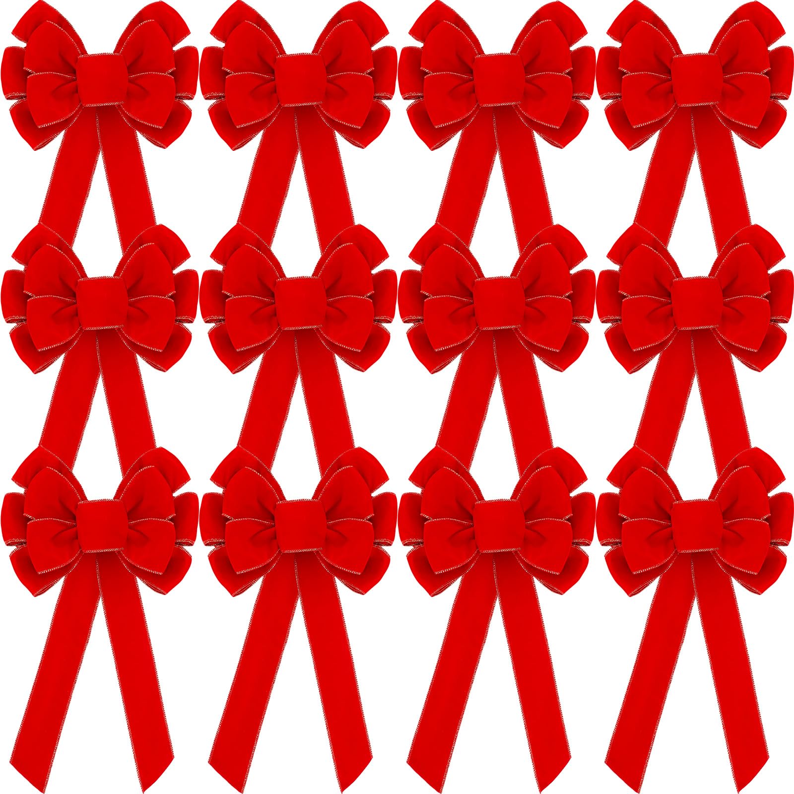 12 Pcs Large Christmas Bows 11 x 19.6 inch Velvet Christmas Wreath Bows Christmas Tree Topper Bow with Golden Edge Big Xmas Ornament for Wreath Gift Home Front Door Decor (Red)