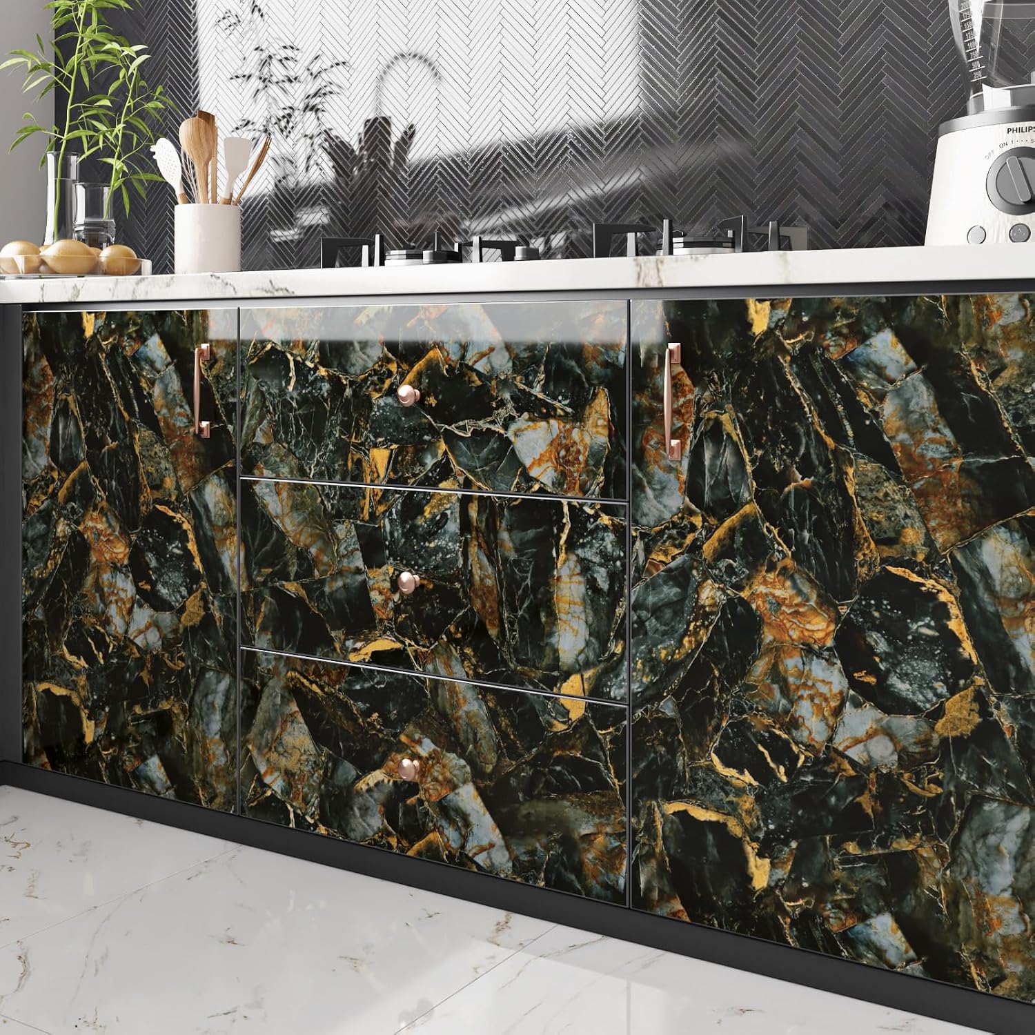 17.7"x315" Black Gold Marble Wallpaper Peel and Stick Countertops Decorative Marble Contact Paper for Countertops Waterproof Countertop Contact Paper for Cabinets Drawers Kitchen Living Room Table