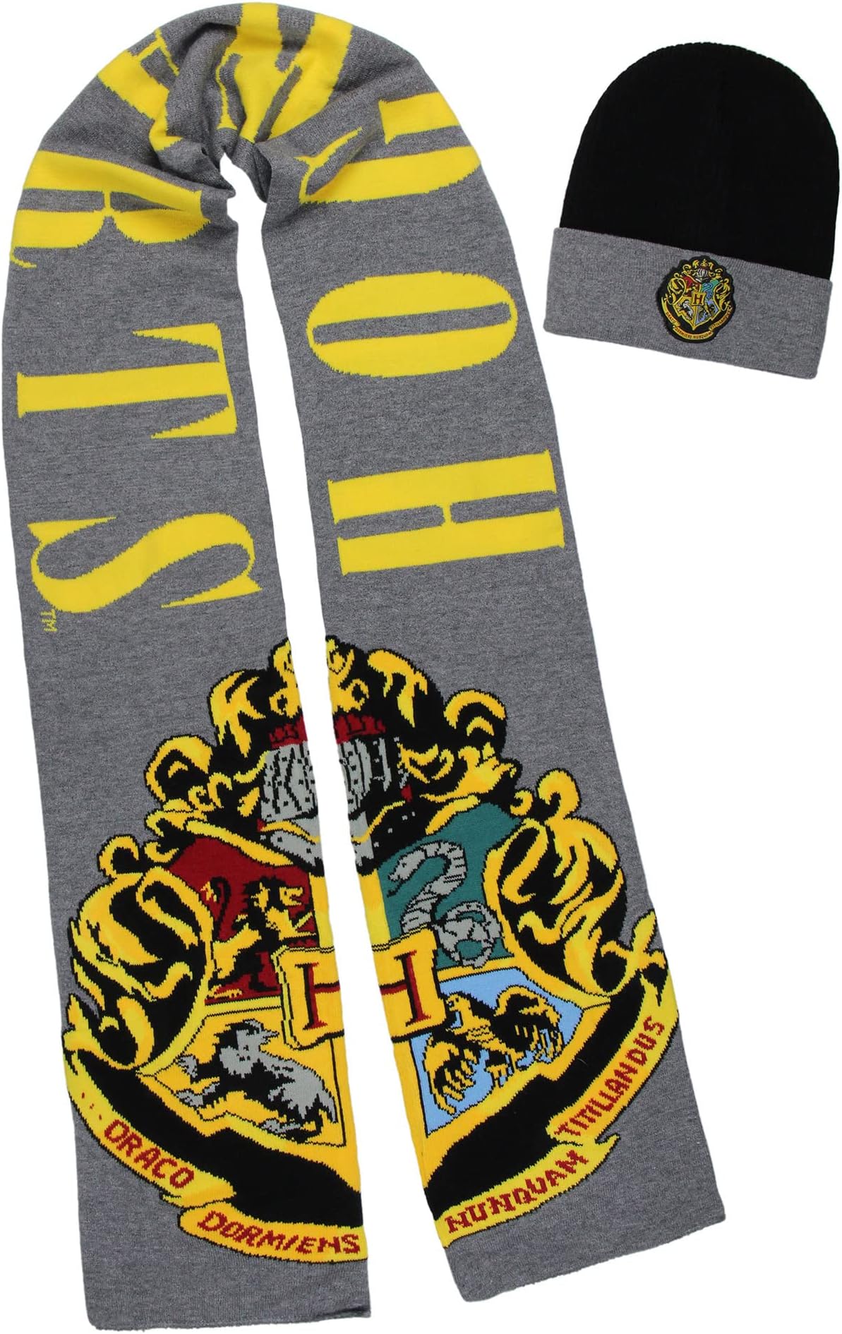 Harry Potter Wizarding World Hogwarts Crest Logo Knit Scarf & Cuff Beanie Set for Women and Men Multicolored