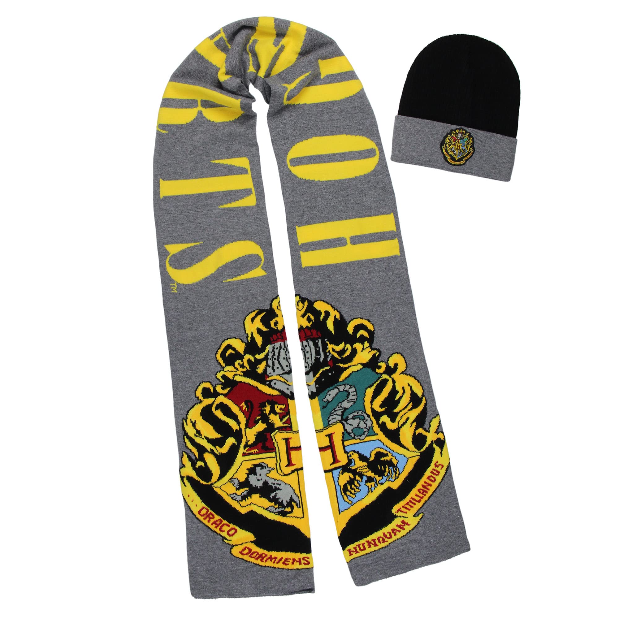 Harry Potter Wizarding World Hogwarts Crest Logo Knit Scarf & Cuff Beanie Set for Women and Men Multicolored