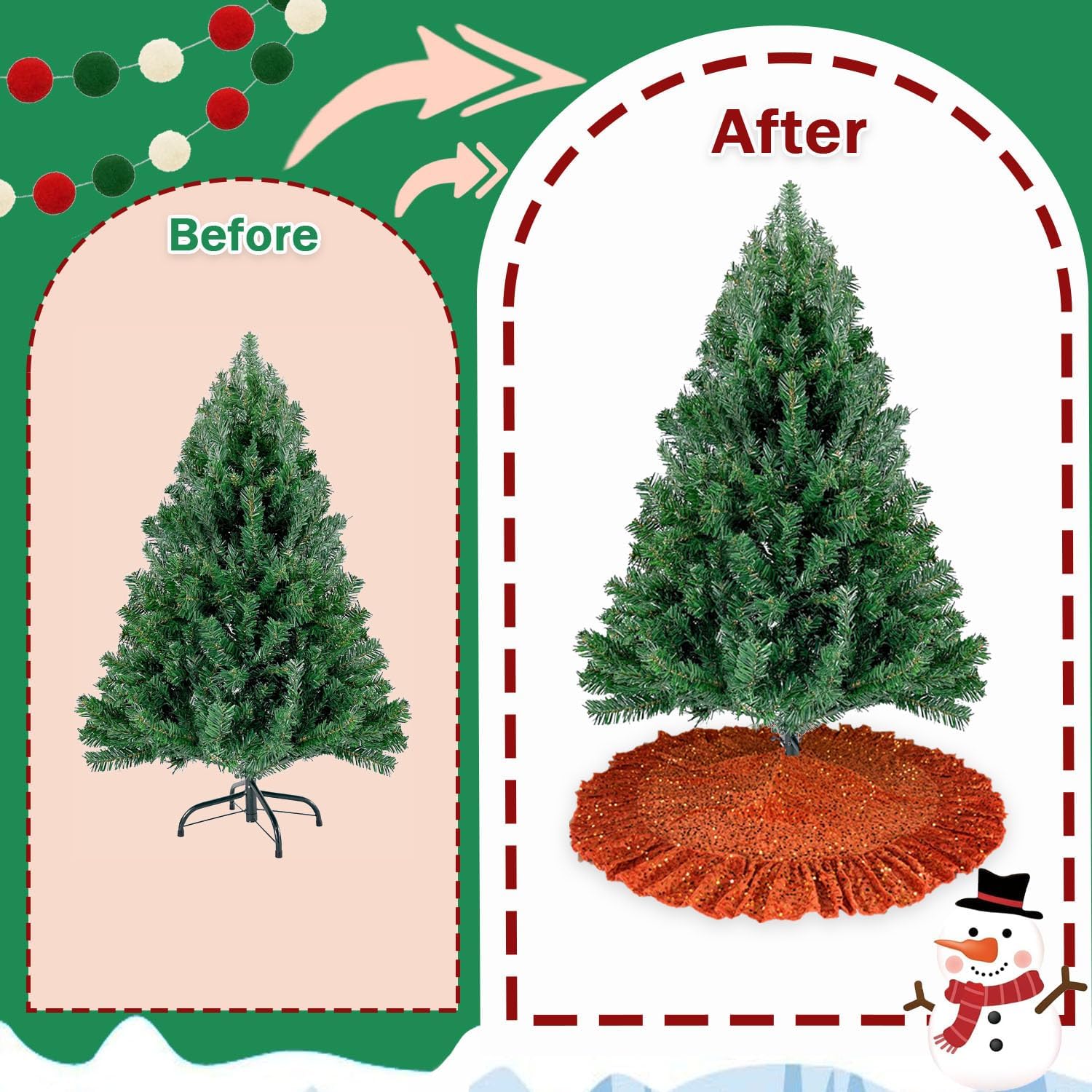 Fall Tree Skirt 45 Inch Orange Christmas Tree Skirt Ruffle for 6ft Artificial Trees Sequin Halloween Trees Skirts Velvet Xmas Tree Base Cover for Thankgiving Christmas Trees Home Decorations