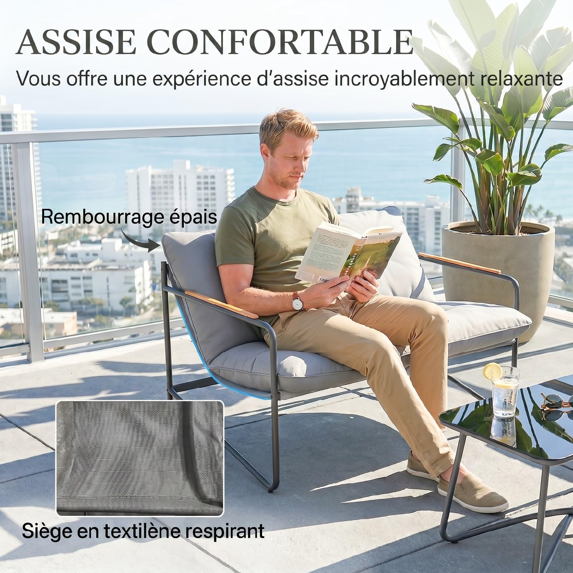 Outsunny Salon de Jardin 4 Pièces Canapé 2 Places 2 Fauteuils Gris Clair