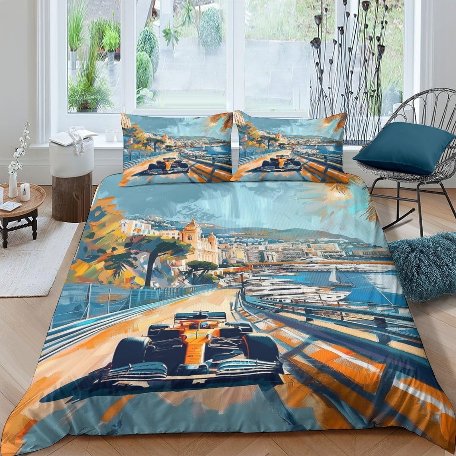 Ctjqhvkz Style-5 3D Printed Racing Track Fitted Sheet Microfiber Orange Blue Formula Car Mattress Cover Bedroom Decor Single（135X200cm）