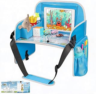 MENZOKE Kids Travel Tray, Car Seat Tray for Kids Travel, Toddler Essentials | Road Trip Activities Accessories with Tablet Holder, Cooler Cup Holder, Dry Erase Board & Storage Pocket for Airplane, Blue