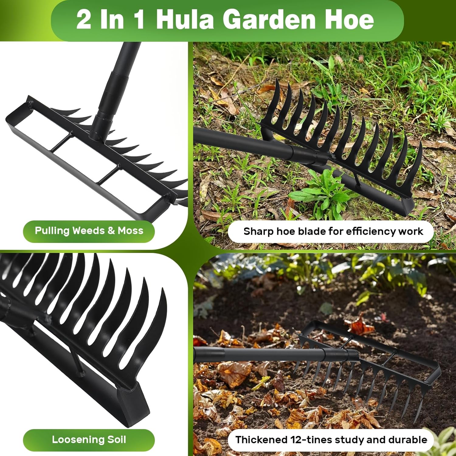 Garden Hoe & Stirrup Hoe, 2-in-1 Weed Puller Gardening Tools with 76" Heavy Duty Long Adjustable Handle, 12 Teeth Hula Garden Hoe with Rake for Weeding, Cultivating, Loosening Soil, Digging & Raking