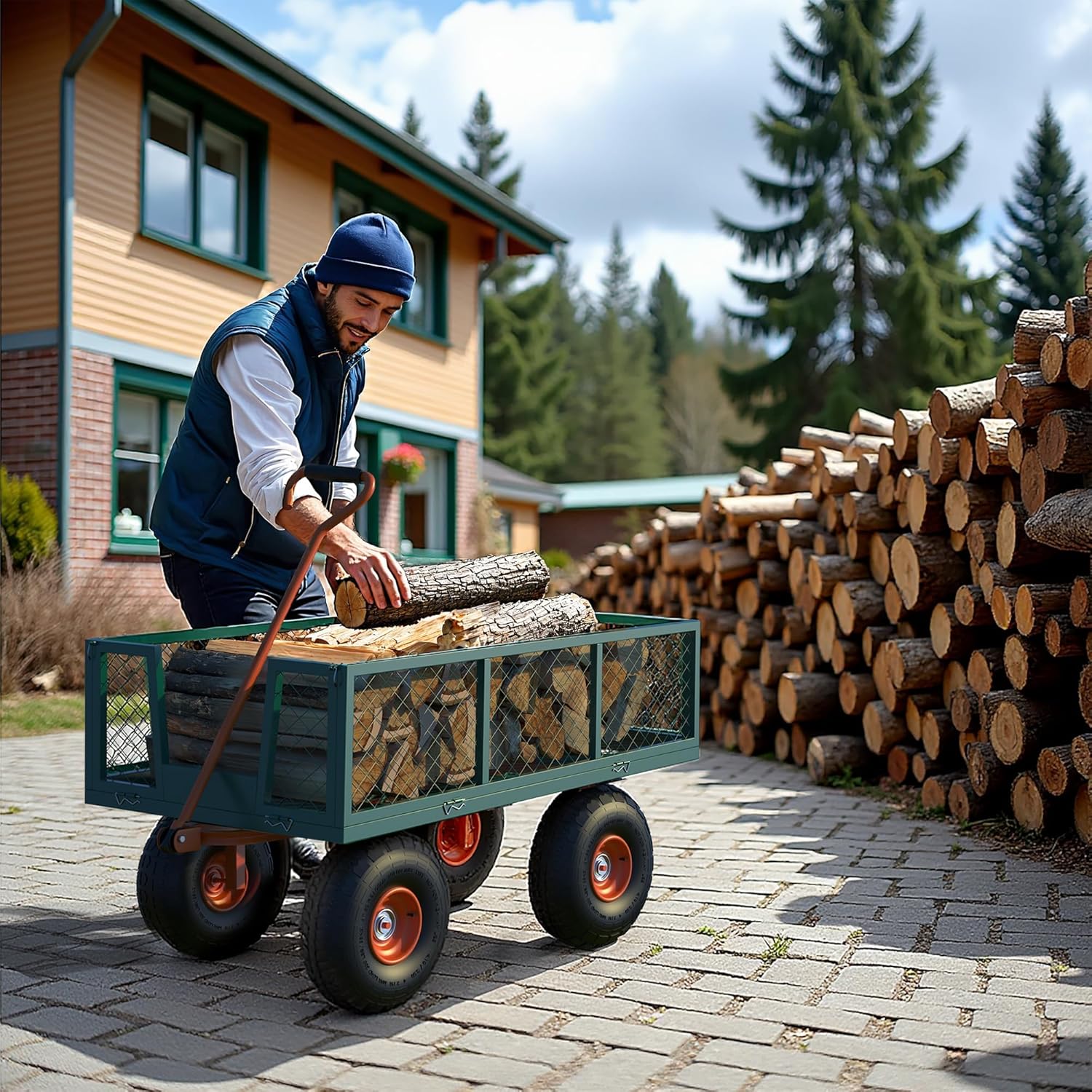 Wheelbarrow Wagon Cart Heavy Duty, Garden Cart with Wheels, 500 lb Capacity, 3.33 Cu Ft Steel Yard Cart Utility Wagon, Garden Dump Cart, 180 Degree Adjustable Orange T Handle, Green Outdoor Cart