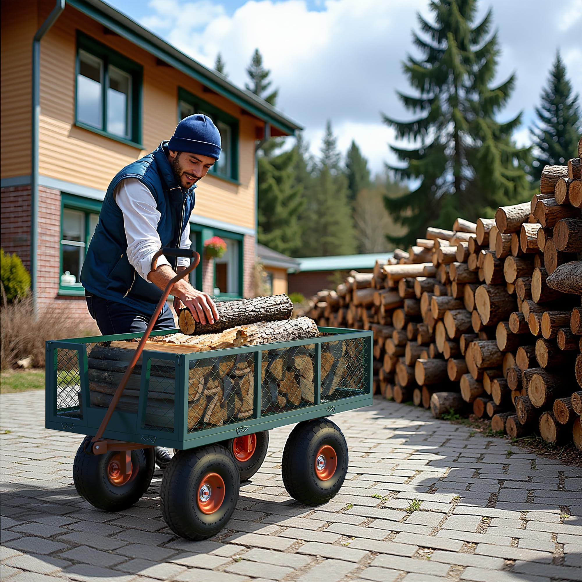 Garvee Carretilla de Jardín de Acero de Alta Resistencia, Carro de Transporte Exterior con Paneles Laterales Extraíbles, Capacidad de Carga de 227 kg, Ruedas Neumáticas Todo Terreno, Verde y Naranja