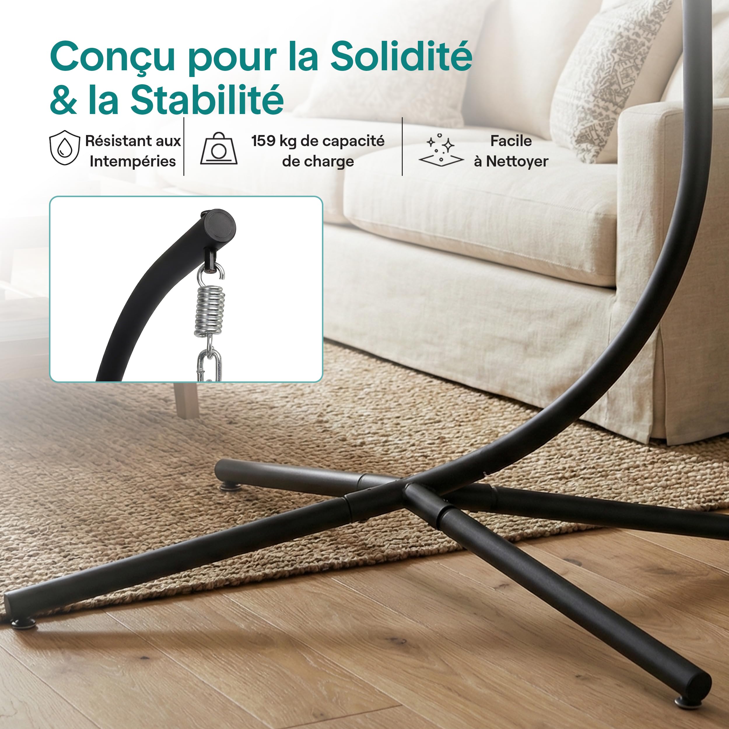 SereneLife Fauteuil Oeuf Suspendu avec Support – Rotin Tressé Pliable, Coussin Imperméable, Appui-Tête Confort pour Patio, Chambre, Véranda, Jardin, Marron