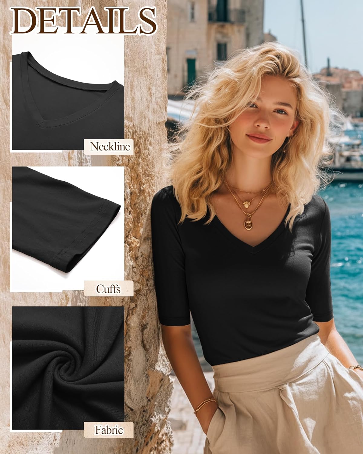 Ficerd 3 Pack Women's Half Sleeve V Neck T Shirts, Elbow Length Shirt Slim Fit Tunic Top Short Sleeve Casual Summer Tee(Black, White, Light Gray,Medium) - Image 5