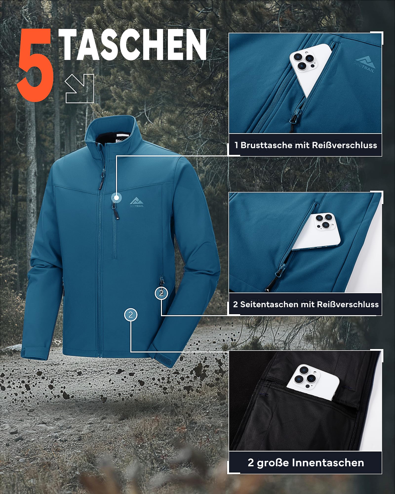 Herren Softshelljacke Wasserdichte Übergangsjacke Winddichte Outdoorjacke Atmungsaktive Funktionsjacke Microfleece-Innenseite für Freizeit Wandern Radfahren
