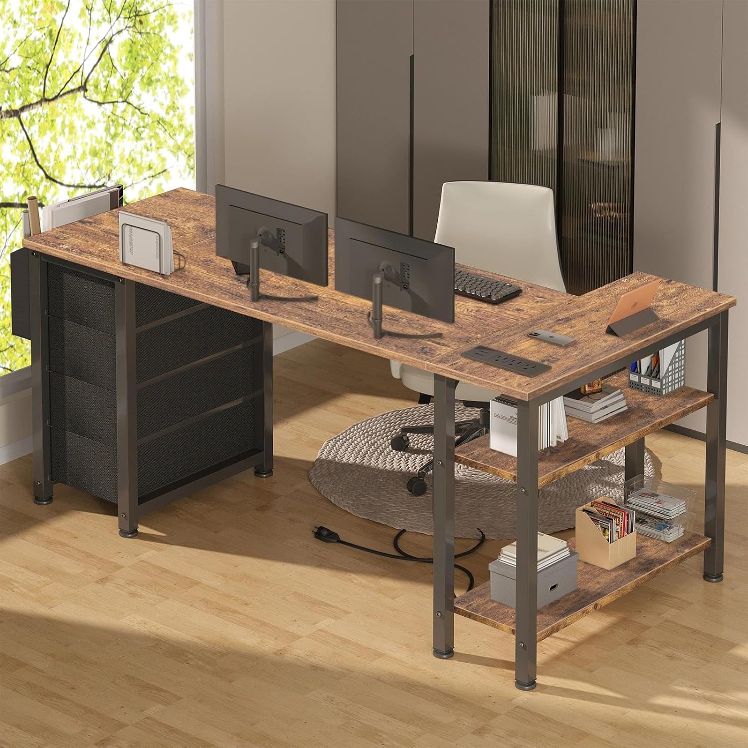 Lufeiya L Shaped Computer Desk with Drawers & Storage Shelves, 55 Inch Corner Desk with Power Outlet for Home Office Bedroom, L-Shaped Teen PC Gaming Desks with Fabric Drawer, Rustic Brown