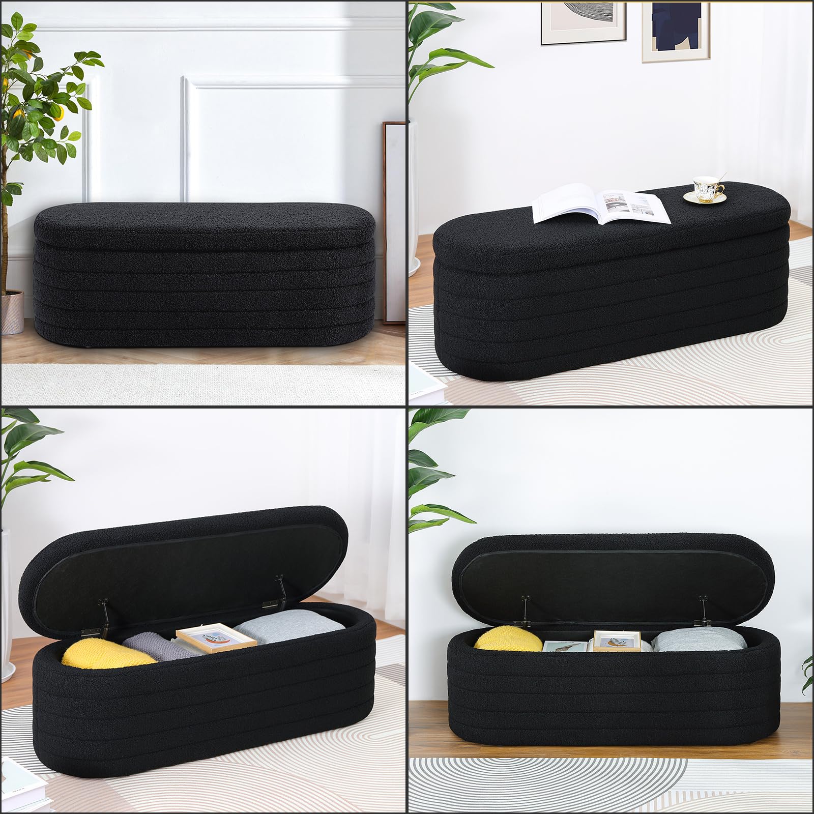 Sitzhocker mit Stauraum, Teddystoff Bank mit Stauraum，Moderner Sitzbank Schlafzimmer, Polsterbank für Wohnzimmer, Flur (Schwarz 117x41,5x40 cm)