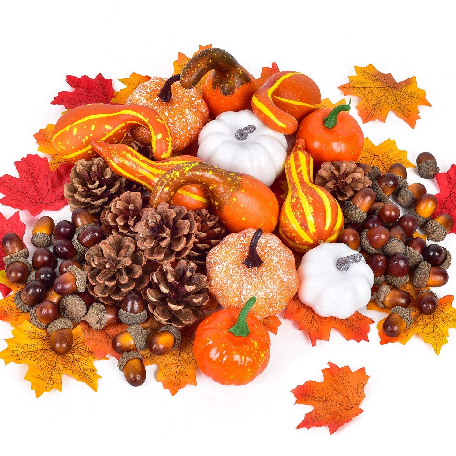 Lvydec 220pcs Artificial Harvest Pumpkins Decoration Set, Assorted Maple Leaves Mini Pumpkins Gourds Pine Cones and Acorns for Halloween Thanksgiving Autumn Festive Party Supplies