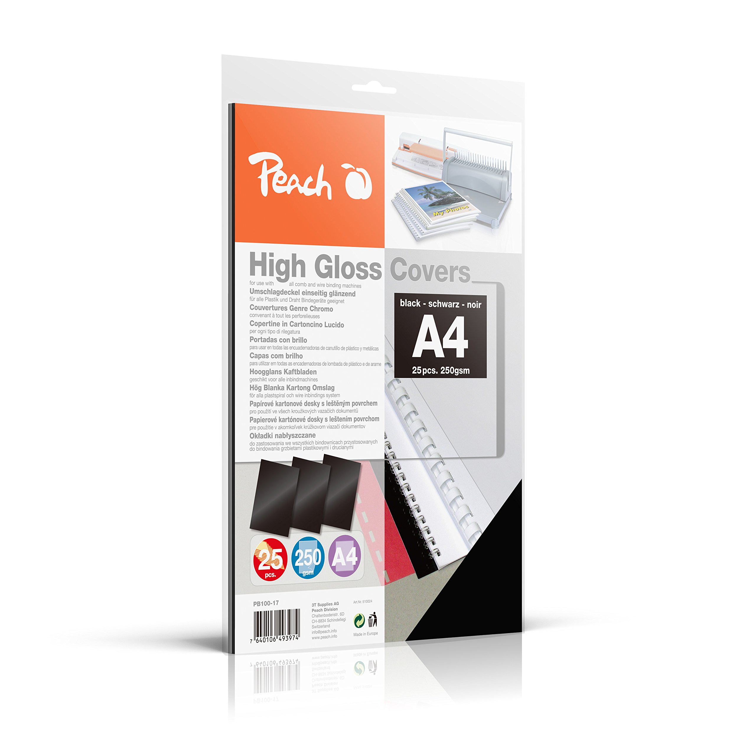 Peach High Gloss Cover Sheets, 250 GSM, A4, Black, 25 Sheets